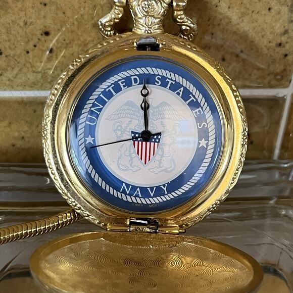 United States Navy Goldtone Pocket Watch Needs Battery - Picture 2 of 5